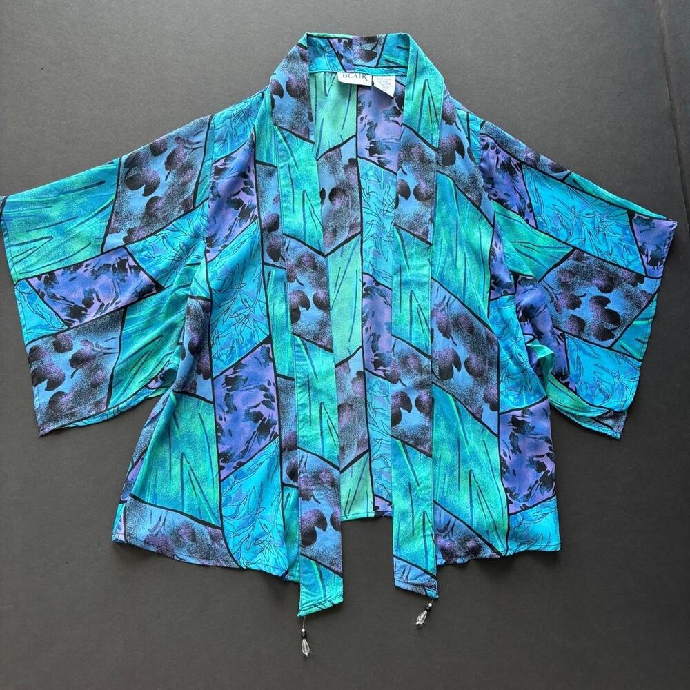 90s Blair Blue & Green Abstract Leaf Pattern Polyester Kimono Jacket - S Medium